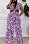 xl-5xl summer new plus size 5 colors allover batch printing high stretch halter-neck lace-up wide-leg pockets stylish pants sets_Black_White_Purple