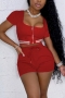 s-2xl plus size summer new 5 colors solid color patchwork stretch short sleeve square neck zip-up tie-waist tight stylish sexy shorts set_Black_Purple_Red