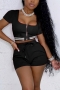 s-2xl plus size summer new 5 colors solid color patchwork stretch short sleeve square neck zip-up tie-waist tight stylish sexy shorts set_Black