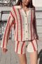 m-2xl plus size autumn new stylish four colors stripe printing lapel button long sleeve stretch casual shorts sets_Red_Beige