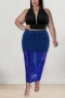 xl-5xl summer new plus size three colors sequin decor see through mesh denim patchwork stretch halter-neck pockets button zip-up stylish sexy skirt sets_Black_Sky Blue_Dark Blue