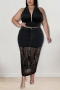 xl-5xl summer new plus size three colors sequin decor see through mesh denim patchwork stretch halter-neck pockets button zip-up stylish sexy skirt sets_Black