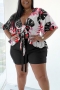 l-4xl plus size summer new 8 colors leaf printing patchwork stretch short sleeve deep-v-neck ruffle lace up slim stylish casual shorts set_Black