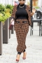 s-2xl plus size autumn new stylish houndstooth long sleeve stretch casual pants sets_Black_Brown