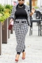 s-2xl plus size autumn new stylish houndstooth long sleeve stretch casual pants sets_Black