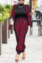 s-2xl plus size autumn new stylish four colors lattice printing long sleeve stretch casual pants sets_Black_Red