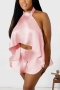 summer new 3 colors special fabric inelastic halter-neck lace up backless loose stylish sexy shorts set_Sky Blue_Pink