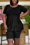 xl-5xl plus size summer new stylish 7 colors simple solid color loose slight stretch pleated casual shorts sets_Black