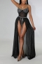 summer new stylish sling rhinestone plus size slight stretch mesh see-through high quality sexy skirt sets_Black