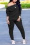 l-5xl plus size autumn new stylish four colors one shoulder long sleeve button stretch casual pants sets_Black