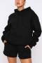 autumn new stylish 6 colors plus size solid color non-stretch pocket hooded loose casual shorts sets_Black