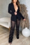 autumn new plus size three colors slight stretch see through mesh pearl decor button sexy pants sets(with lined)_Black