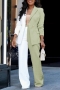 autumn new stylish 4 colors contrast color double breasted non-stretch plus size pocket high waist high quality casual pants sets_White_Light Green