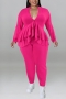 xl-5xl plus size autumn new 5 colors stretch v-neck ruffle long sleeves stylish pants sets_Black_Red_Blue_Magenta