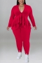 xl-5xl plus size autumn new 5 colors stretch v-neck ruffle long sleeves stylish pants sets_Black_Red