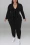 xl-5xl plus size autumn new 5 colors stretch v-neck ruffle long sleeves stylish pants sets_Black