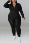 xl-5xl plus size autumn new 6 colors stretch zip-up pocket hooded long sleeves stylish pants sets_Black