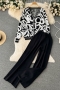 autumn new stylish three colors batch printing button long sleeve ribbed knit high quality casual pants sets_Black