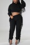 s-2xl plus size autumn & winter new 7 colors stretch tassel hooded sweatshirt with stylish pants sets_Black