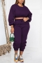 autumn & winter new plus size 5 colors stretch long sleeves drawstring pocket solid color stylish pants sets_Black_Dark Purple