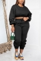 autumn & winter new plus size 5 colors stretch long sleeves drawstring pocket solid color stylish pants sets_Black