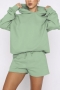 autumn new stylish 5 colors solid color slight stretch pocket hooded loose plus size sweatshirts shorts sets_Light Green