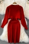 winter new 9 colors knitted slight stretch long sleeve crew neck sweater with sleeveless slim dress stylish simple two-piece set_Black_Dark Green_Red