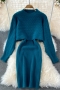 winter new 9 colors knitted slight stretch long sleeve crew neck sweater with sleeveless slim dress stylish simple two-piece set_Black_Dark Green