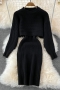 winter new 9 colors knitted slight stretch long sleeve crew neck sweater with sleeveless slim dress stylish simple two-piece set_Black