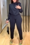 new solid color high stretch button long sleeves stylish pants sets_Black