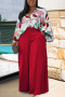 l-4xl plus size slight stretch printing pocket loose button casual pants sets_Red