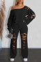 plus size new 3 colors stretch ripped solid color loose stylish pants sets_Black