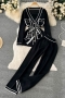 new stretch knitted 5 colors with belt single-breasted stylish sweater pants set_Black