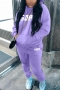 plus size slight stretch letter printing drawstring hooded sweatshirt pants set_Black_White_Purple
