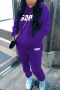 plus size slight stretch letter printing drawstring hooded sweatshirt pants set_Black_White_Purple_Dark Purple