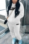 plus size slight stretch letter printing drawstring hooded sweatshirt pants set_Black_White