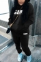 plus size slight stretch letter printing drawstring hooded sweatshirt pants set_Black