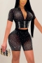 plus size slight stretch mesh see-through rhinestone zip-up sexy shorts sets_Black