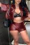 sexy slight stretch solid pu single breasted pocket zip-up shorts sets_Black_Rose Red