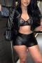sexy slight stretch solid pu single breasted pocket zip-up shorts sets_Black