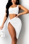 sexy slight stretch 5-colors solid one-shoulder kink irregular midi skirt sets_Black_White