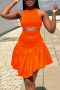 sexy plus size slight stretch solid orange pleated irregular midi skirt sets_Yellow_Orange