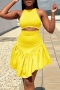 sexy plus size slight stretch solid orange pleated irregular midi skirt sets_Yellow