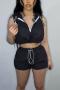 stylish 3 colors non-stretch drawstring zip-up hooded shorts set_Black