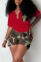casual plus size slight stretch camo batch printing pocket shorts sets_Black_White_Red