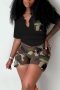 casual plus size slight stretch camo batch printing pocket shorts sets_Black
