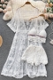 sexy slight stretch crochet lace embroidery padded halter-neck three-piece set_White