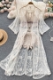 sexy slight stretch crochet lace embroidery padded halter-neck three-piece set_White_Beige