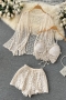 sexy padded crochet hollow stretch long sleeve high waist three-piece set_White_Beige