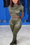sexy plus size slight stretch solid pu shirring slim slit stylish pants sets_Dark Green